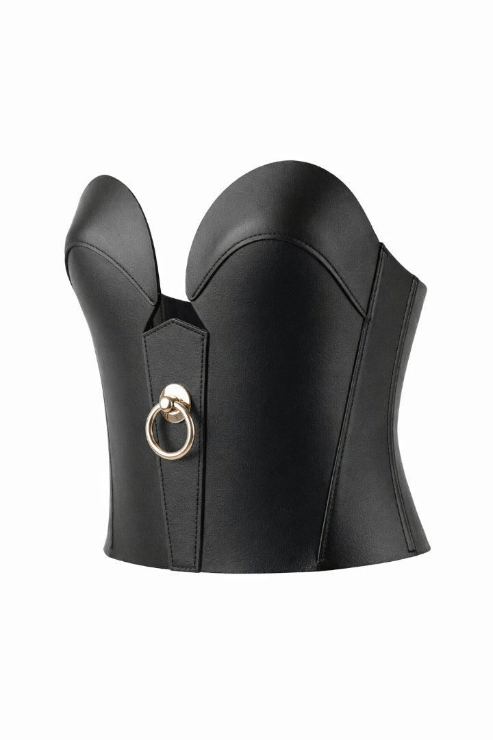 Black leather corset with a gold ring on a white background