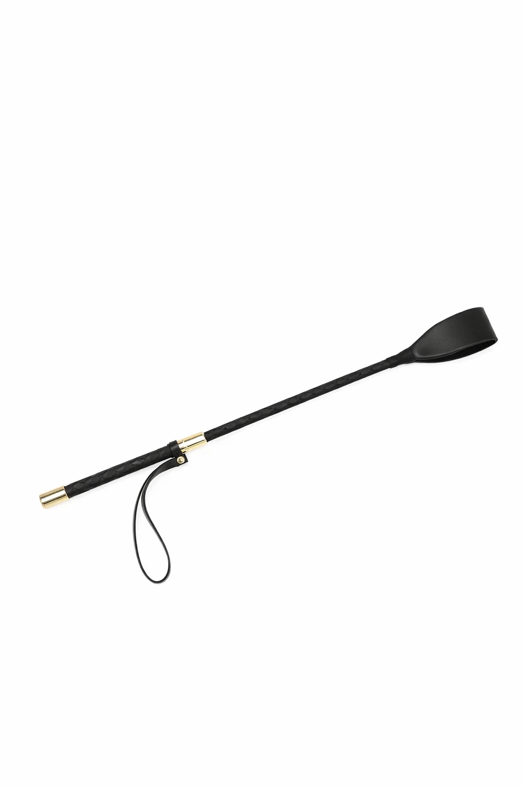 Black leather riding crop with a gold clip on a white background