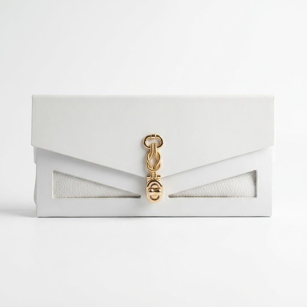 Front view of J’ÔTE white leather bag, gold knot clasp and grained leather panels