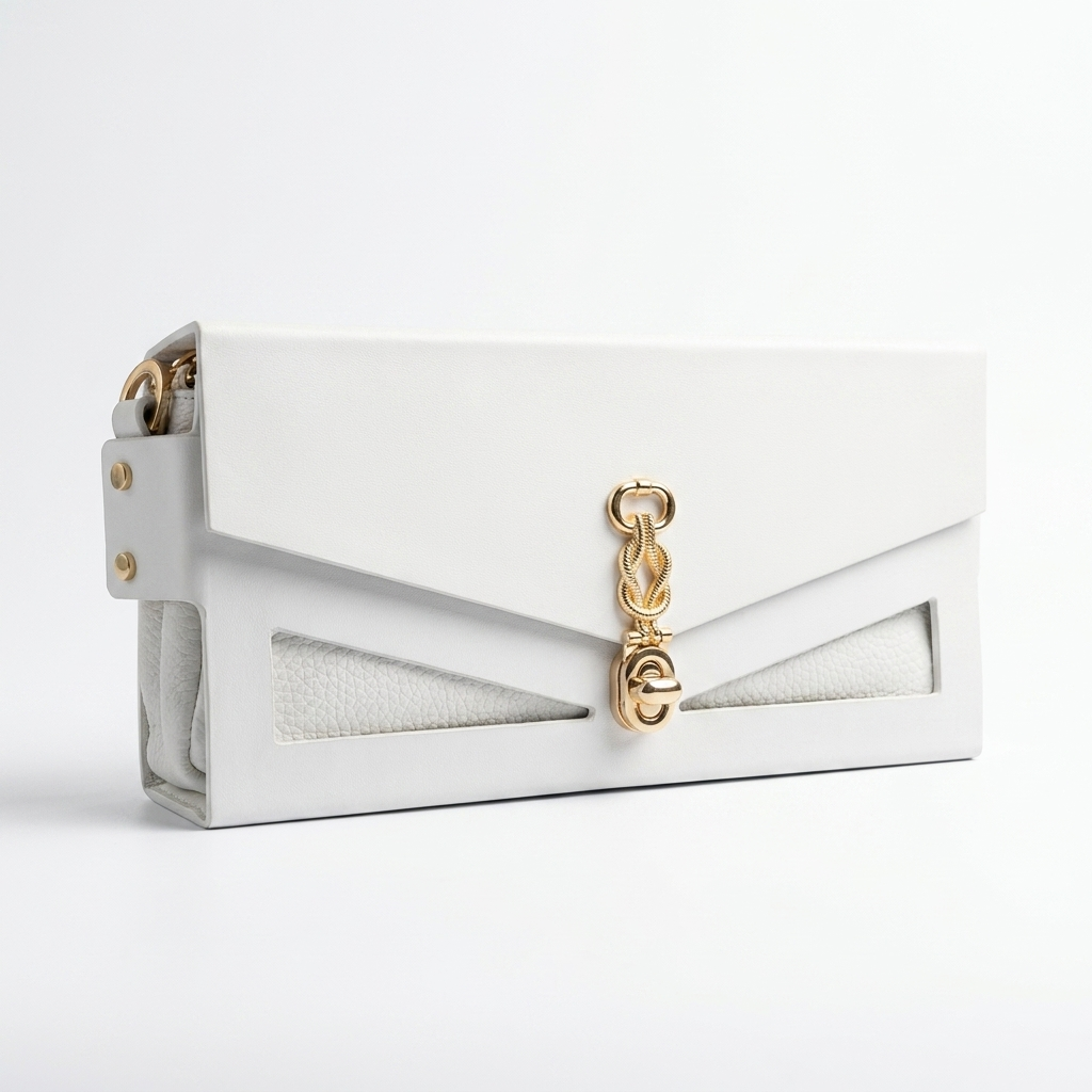 Angled view of J’ÔTE white leather bag showing side studs and gold knot clasp