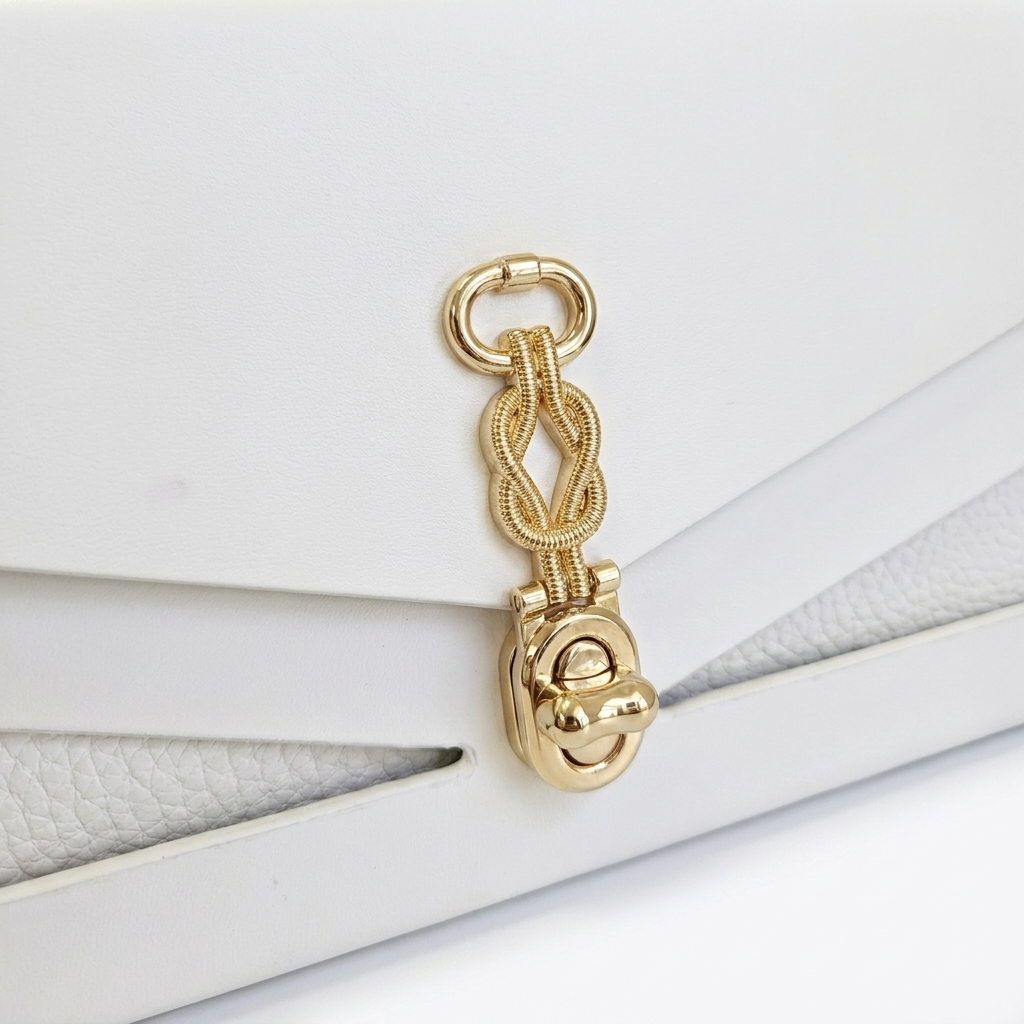 Detail of J’ÔTE gold knot clasp and turn-lock on white smooth leather