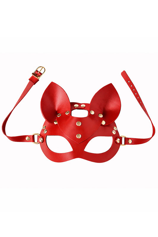 Mask "My Kitty" in red leather with cat ears, gold studs and buckle straps, flat lay